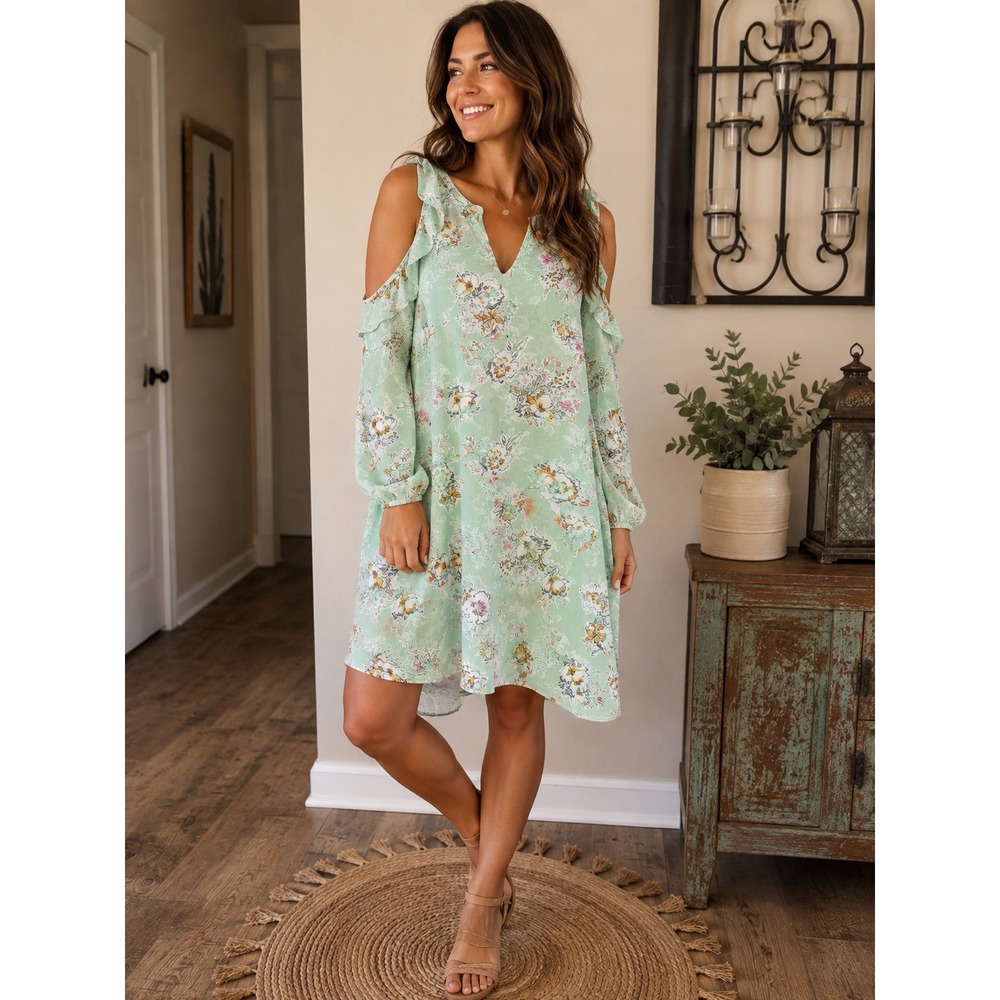 Olive + Oak Mint Green Floral Cold Shoulder Ruffle Mini Dress Large NWT